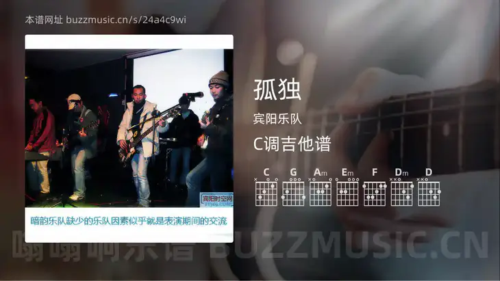 孤独 宾阳乐队 吉他谱C调简单版