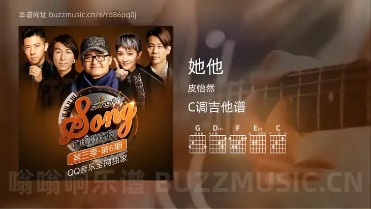 她他吉他谱C调 皮怡然 简单版